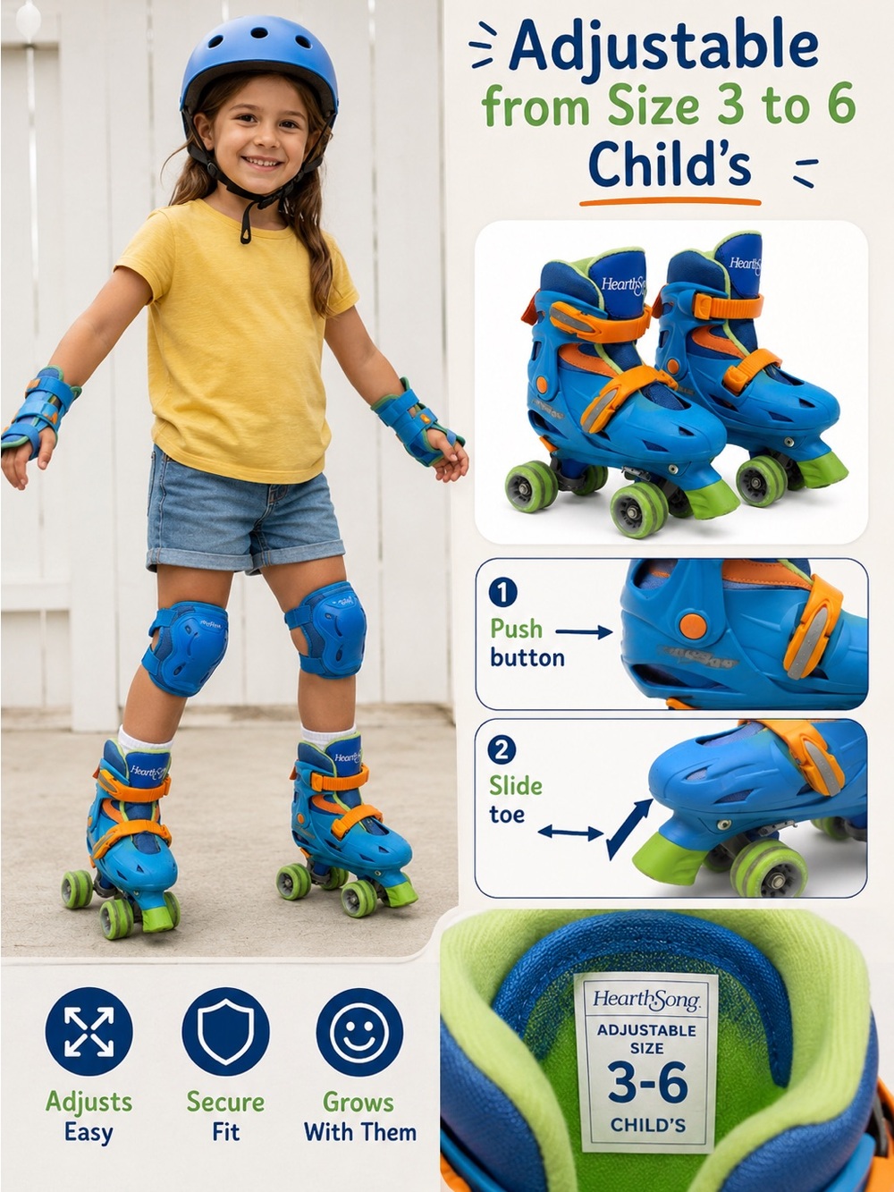 HearthSong Kids Adjustable Roller Skates Size 3-6 Blue Orange Green